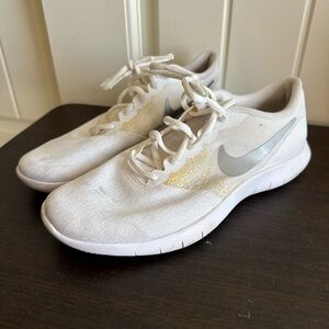 White and Gold Nike Tennis Shoes